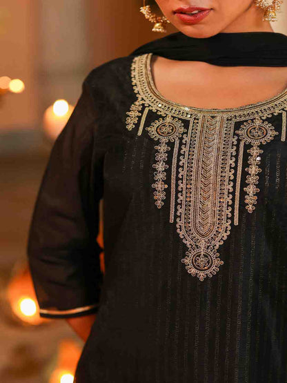 Black Chanderi Printed With Embroidery Kurta, Pants & Dupatta Set