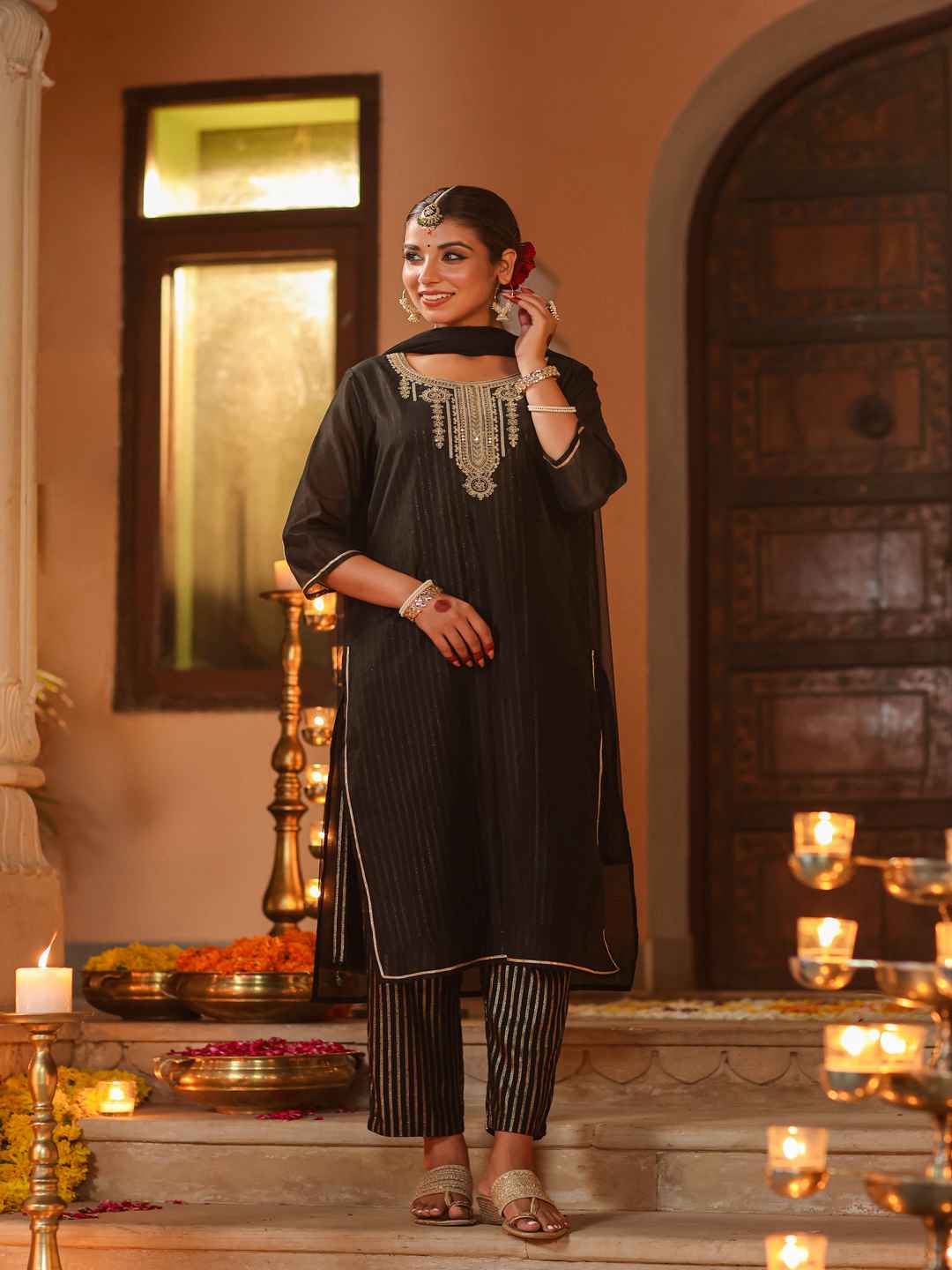 Black Chanderi Printed With Embroidery Kurta, Pants & Dupatta Set