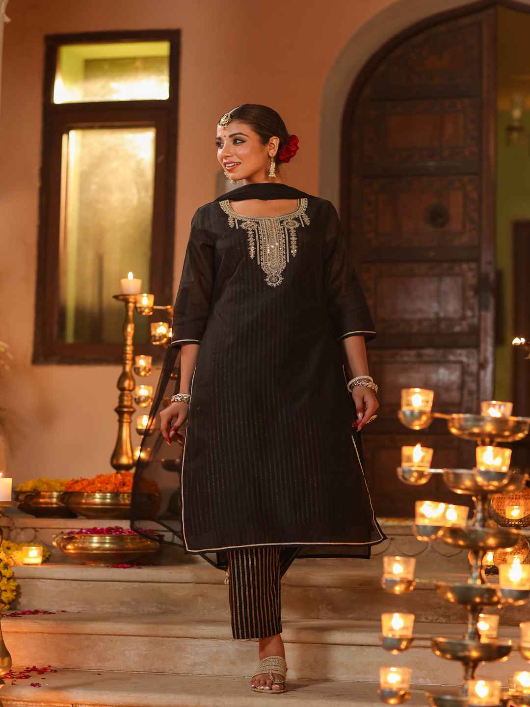 Black Chanderi Printed With Embroidery Kurta, Pants & Dupatta Set