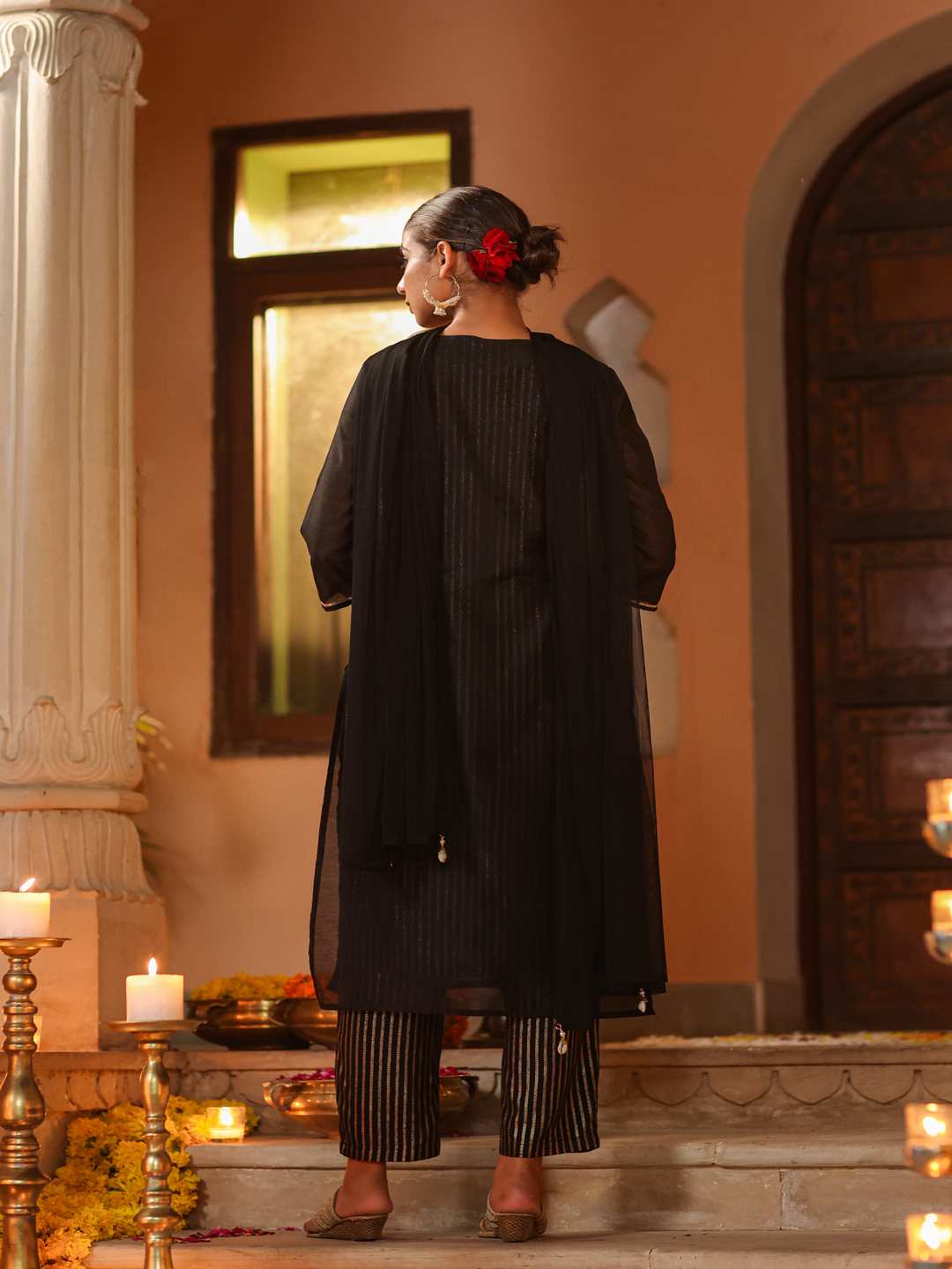 Black Chanderi Printed With Embroidery Kurta, Pants & Dupatta Set