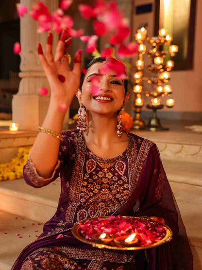 Purple Chanderi Printed Kurta Pants & Dupatta Set