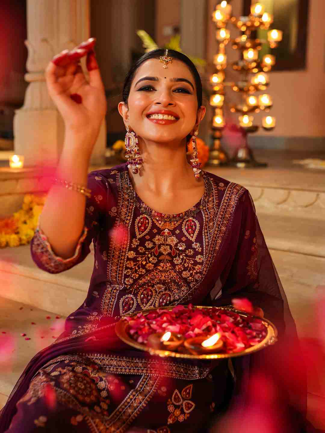 Purple Chanderi Printed Kurta Pants & Dupatta Set