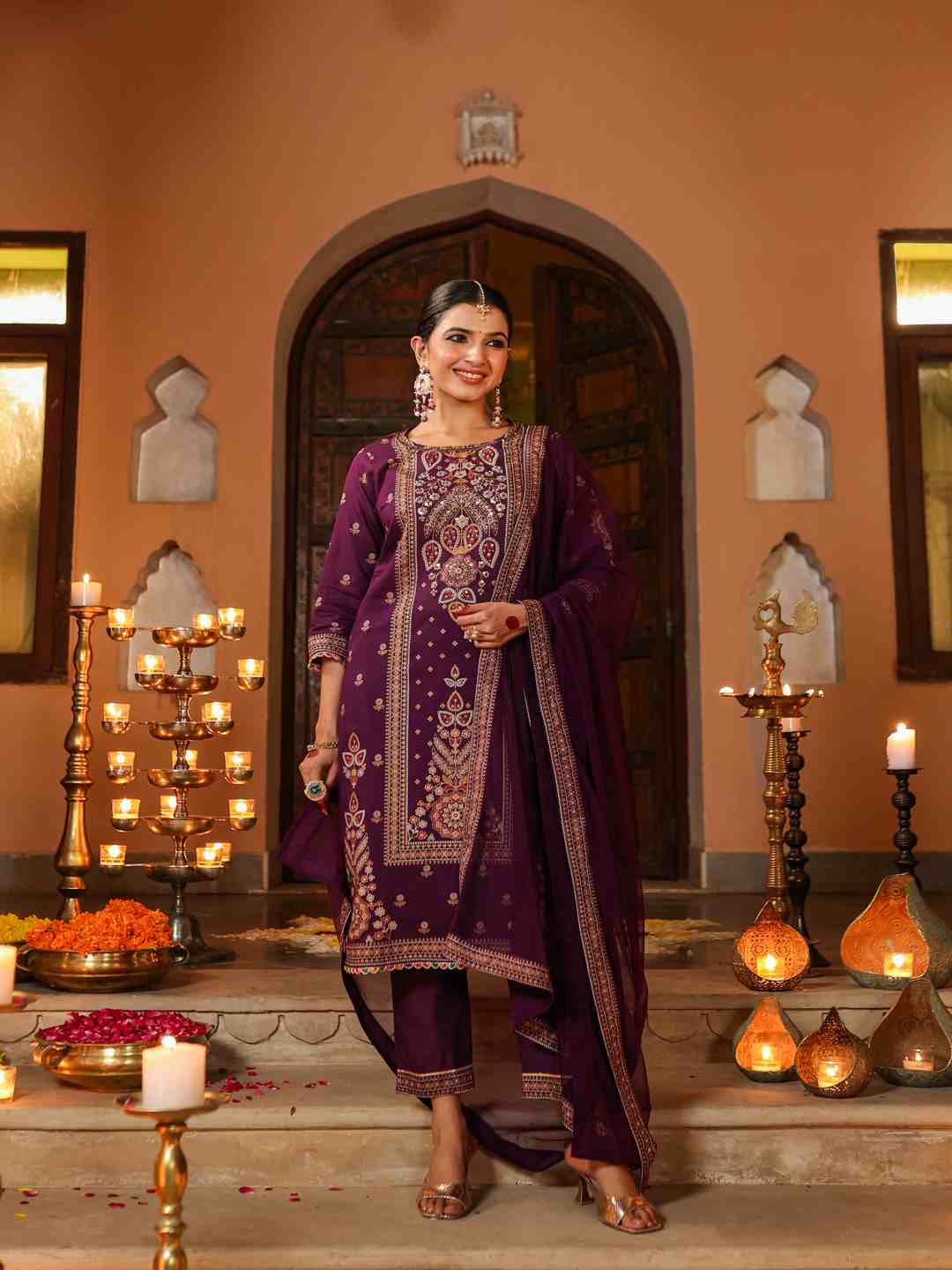 Purple Chanderi Printed Kurta Pants & Dupatta Set