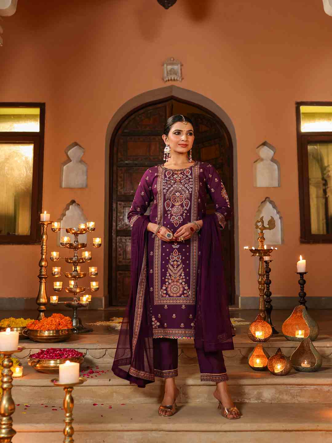 Purple Chanderi Printed Kurta Pants & Dupatta Set