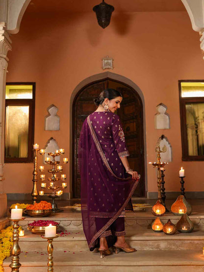 Purple Chanderi Printed Kurta Pants & Dupatta Set