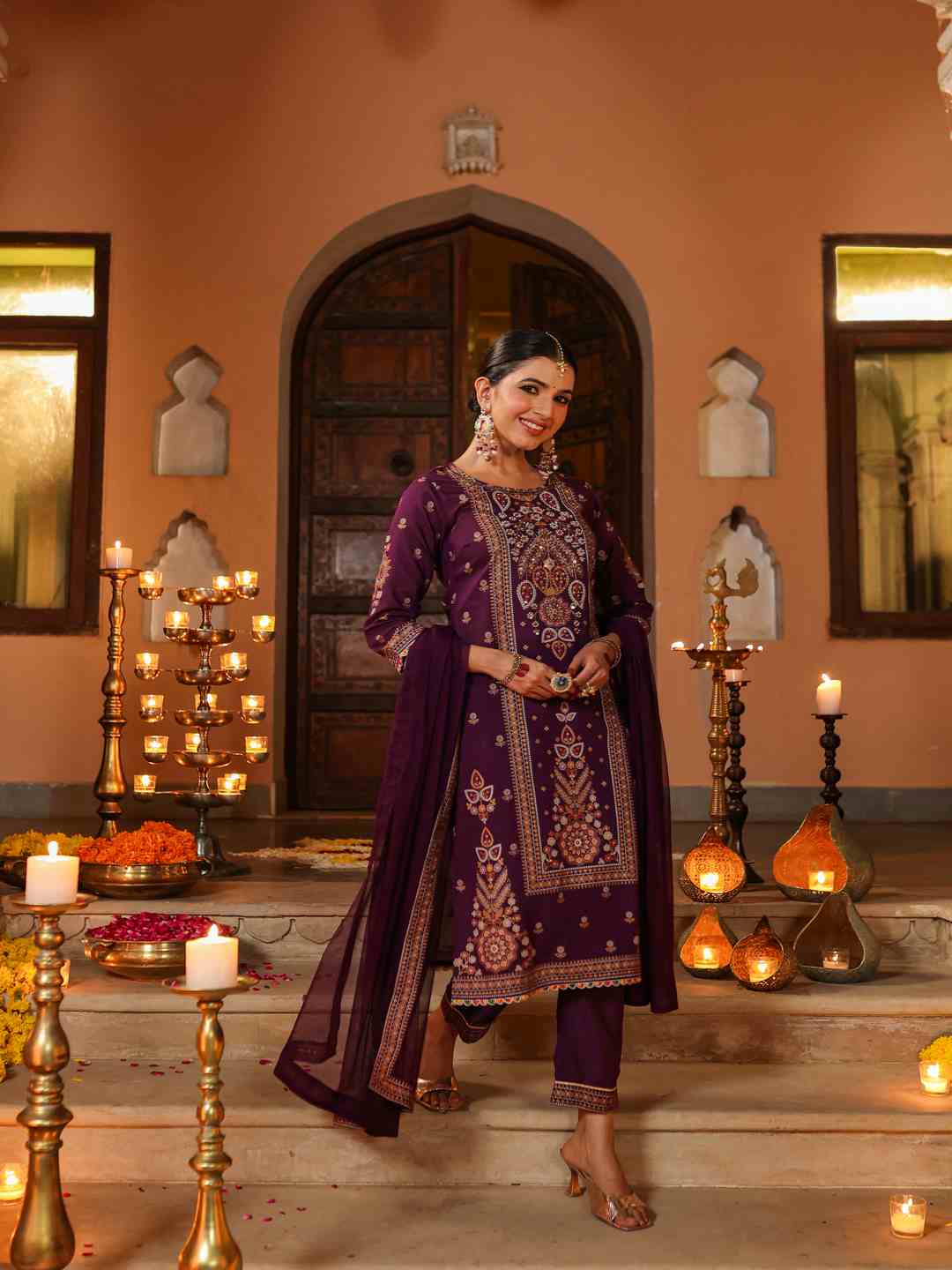 Purple Chanderi Printed Kurta Pants & Dupatta Set