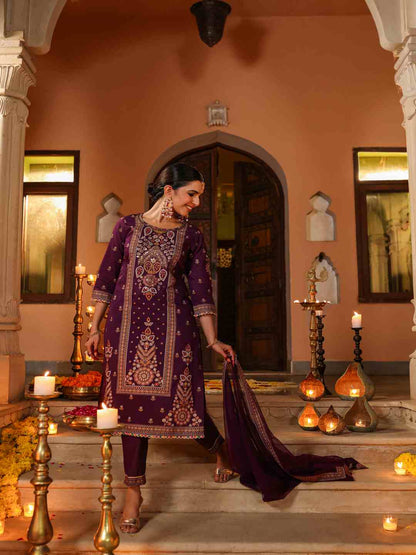 Purple Chanderi Printed Kurta Pants & Dupatta Set