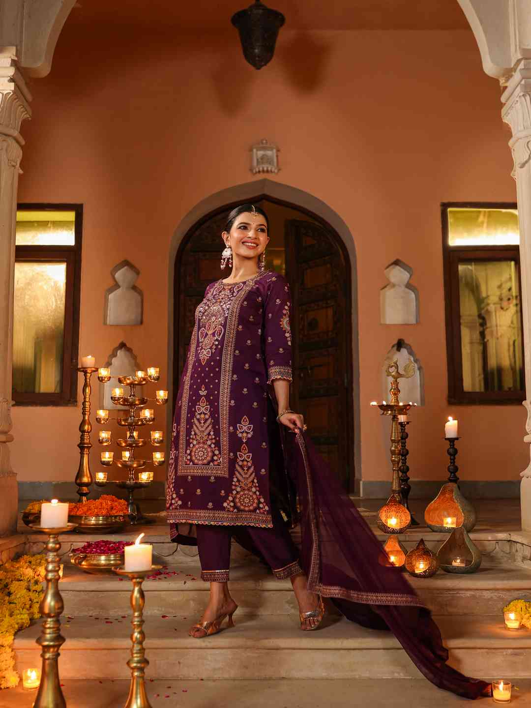 Purple Chanderi Printed Kurta Pants & Dupatta Set