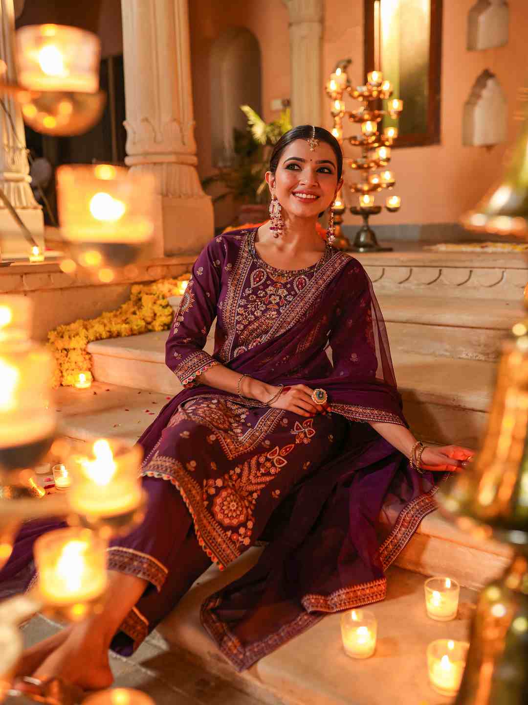 Purple Chanderi Printed Kurta Pants & Dupatta Set