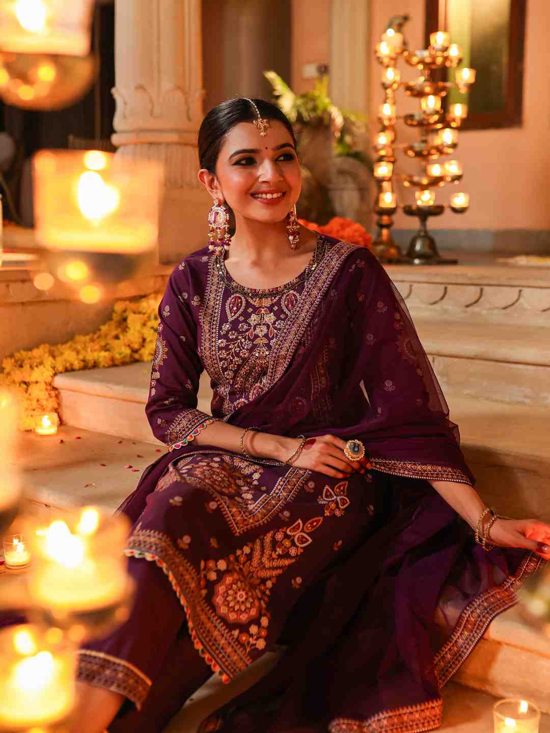 Purple Chanderi Printed Kurta Pants & Dupatta Set