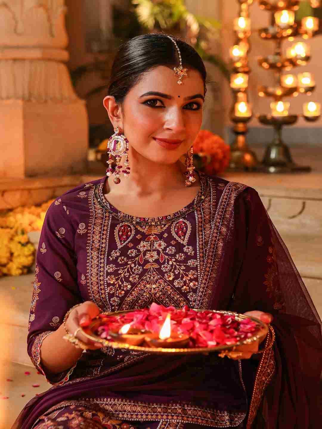 Purple Chanderi Printed Kurta Pants & Dupatta Set