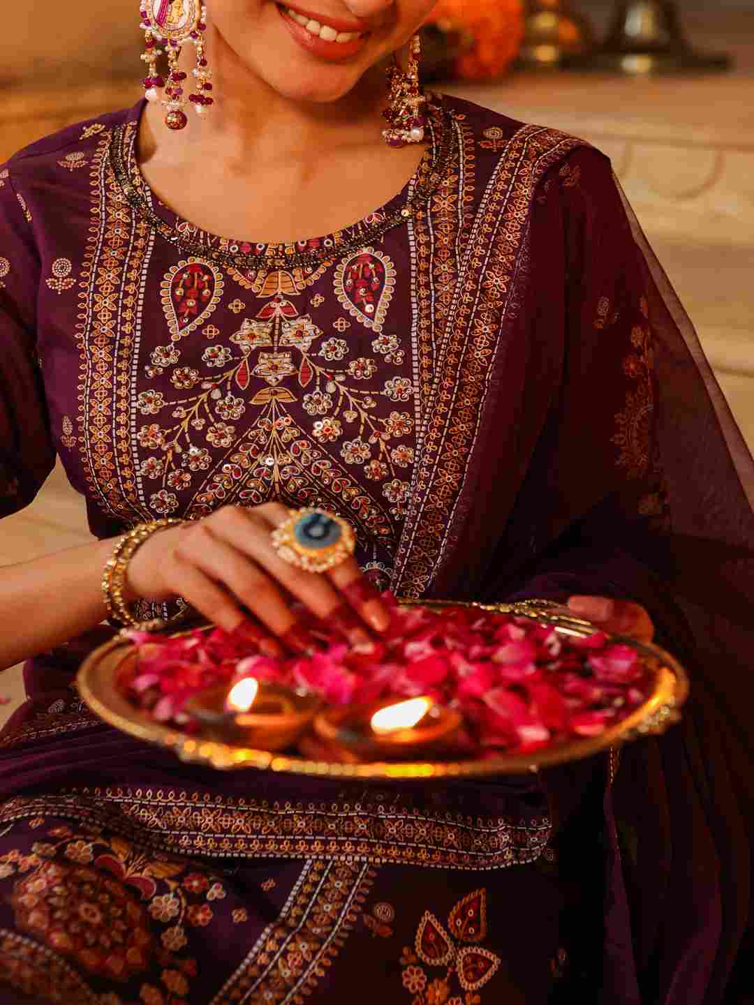 Purple Chanderi Printed Kurta Pants & Dupatta Set