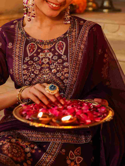 Purple Chanderi Printed Kurta Pants & Dupatta Set