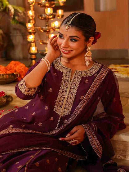Purple Chanderi Printed With Embroidery Kurta, Pants & Dupatta Sets