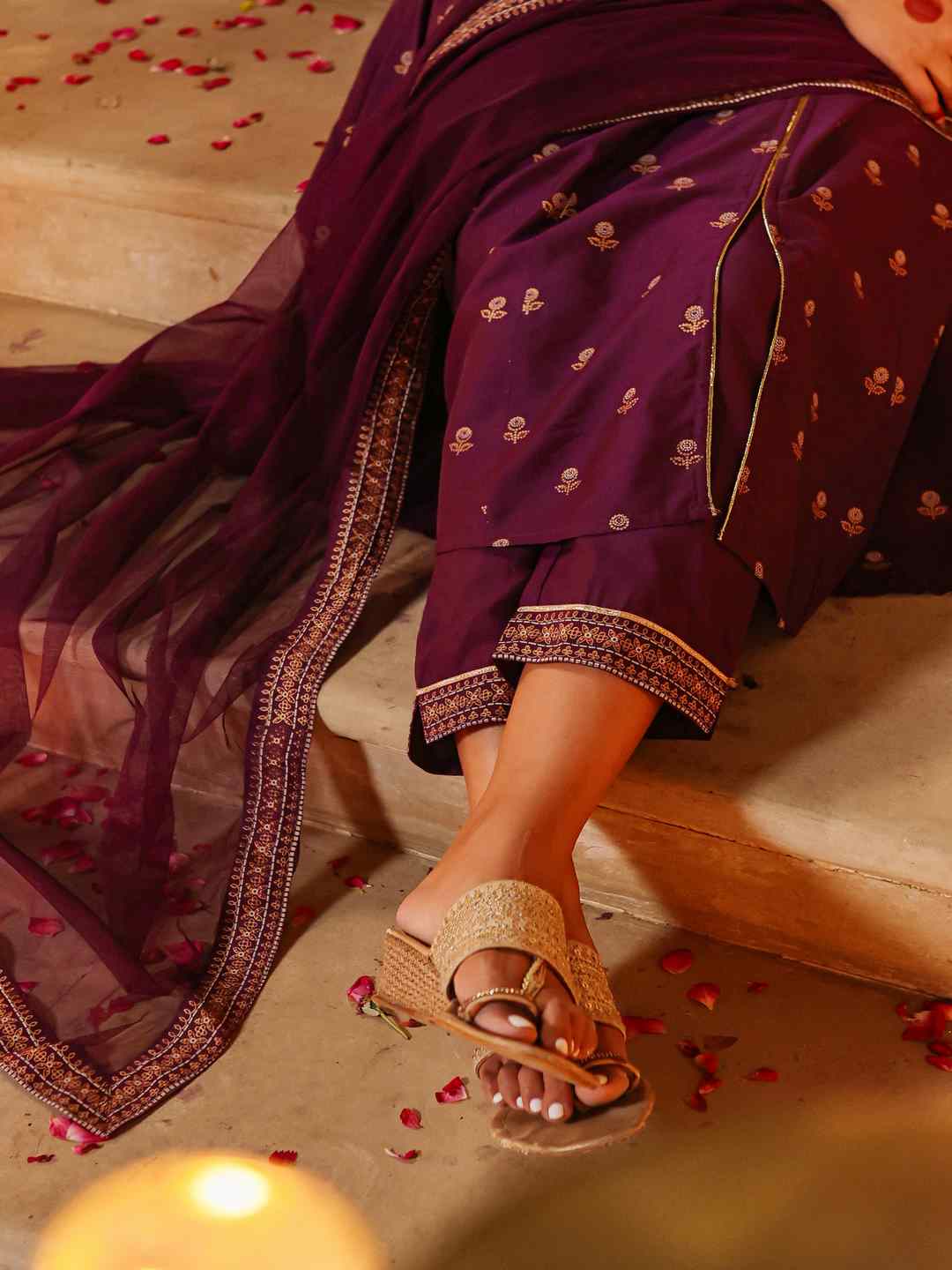 Purple Chanderi Printed With Embroidery Kurta, Pants & Dupatta Sets