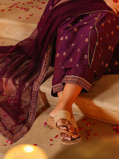 Purple Chanderi Printed With Embroidery Kurta, Pants & Dupatta Sets
