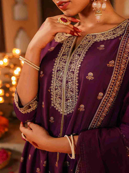 Purple Chanderi Printed With Embroidery Kurta, Pants & Dupatta Sets