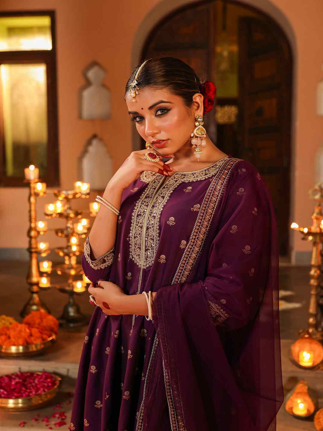 Purple Chanderi Printed With Embroidery Kurta, Pants & Dupatta Sets