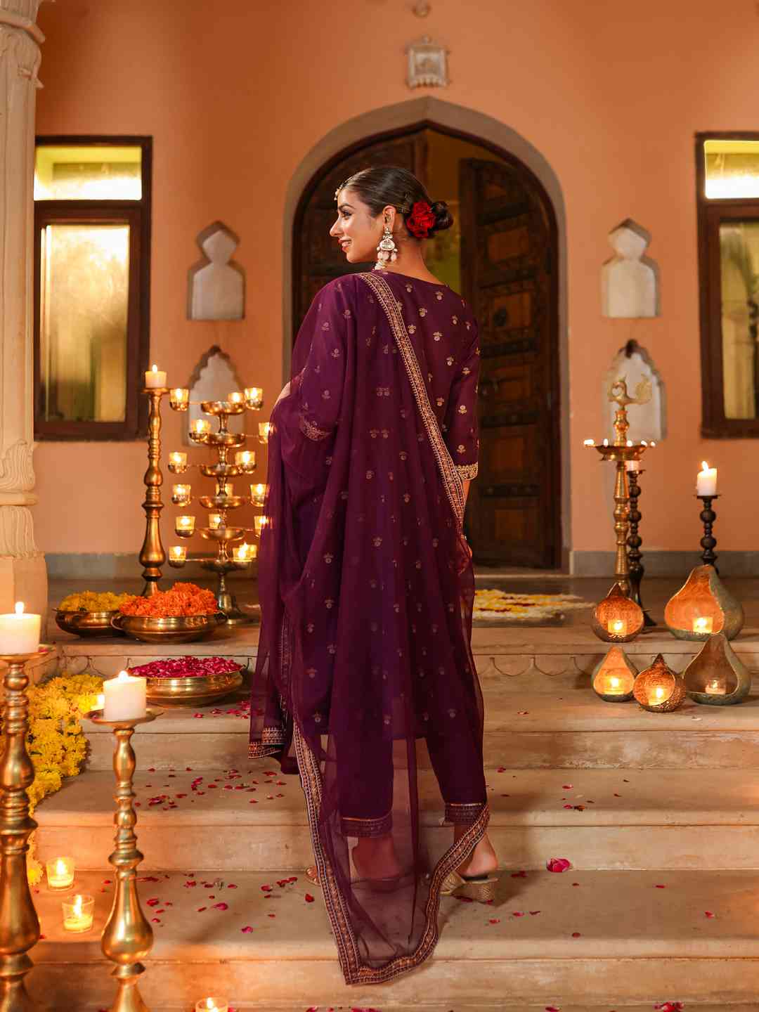 Purple Chanderi Printed With Embroidery Kurta, Pants & Dupatta Sets