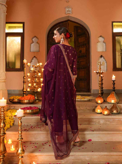 Purple Chanderi Printed With Embroidery Kurta, Pants & Dupatta Sets