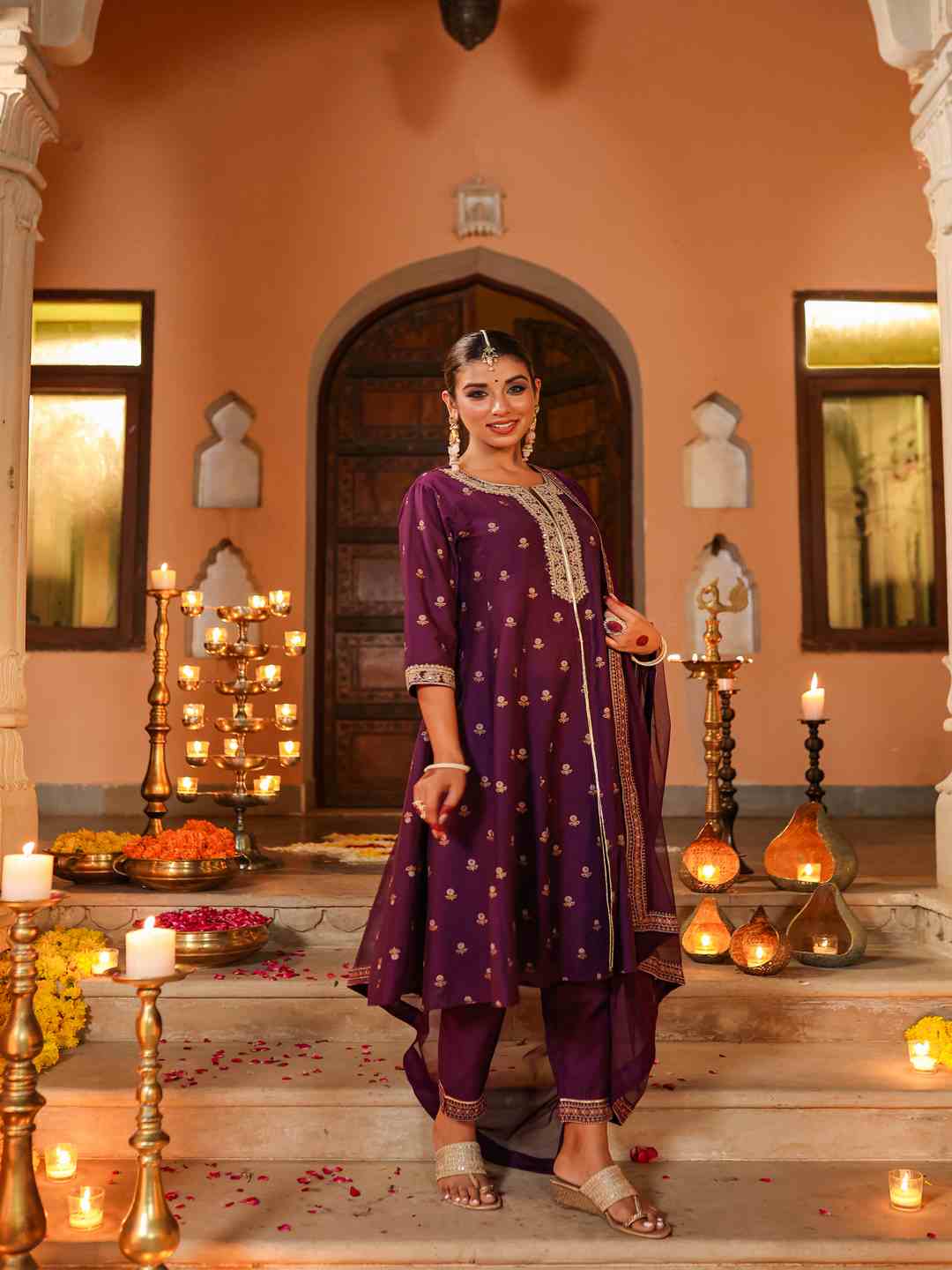 Purple Chanderi Printed With Embroidery Kurta, Pants & Dupatta Sets