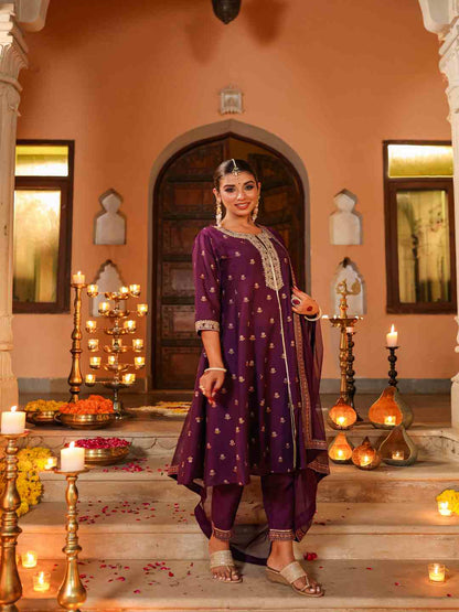 Purple Chanderi Printed With Embroidery Kurta, Pants & Dupatta Sets