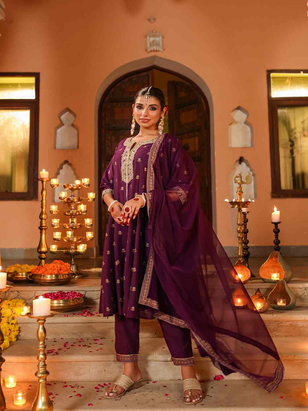 Purple Chanderi Printed With Embroidery Kurta, Pants & Dupatta Sets