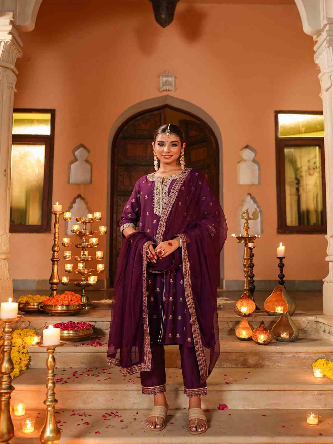 Purple Chanderi Printed With Embroidery Kurta, Pants & Dupatta Sets