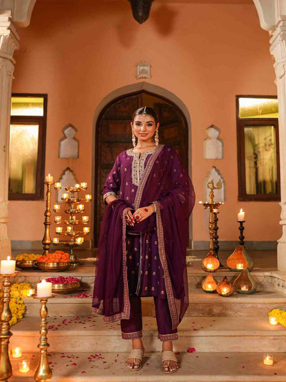 Purple Chanderi Printed With Embroidery Kurta, Pants & Dupatta Sets