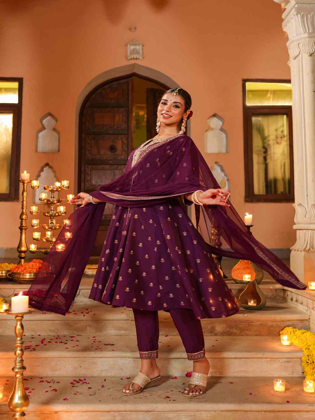 Purple Chanderi Printed With Embroidery Kurta, Pants & Dupatta Sets
