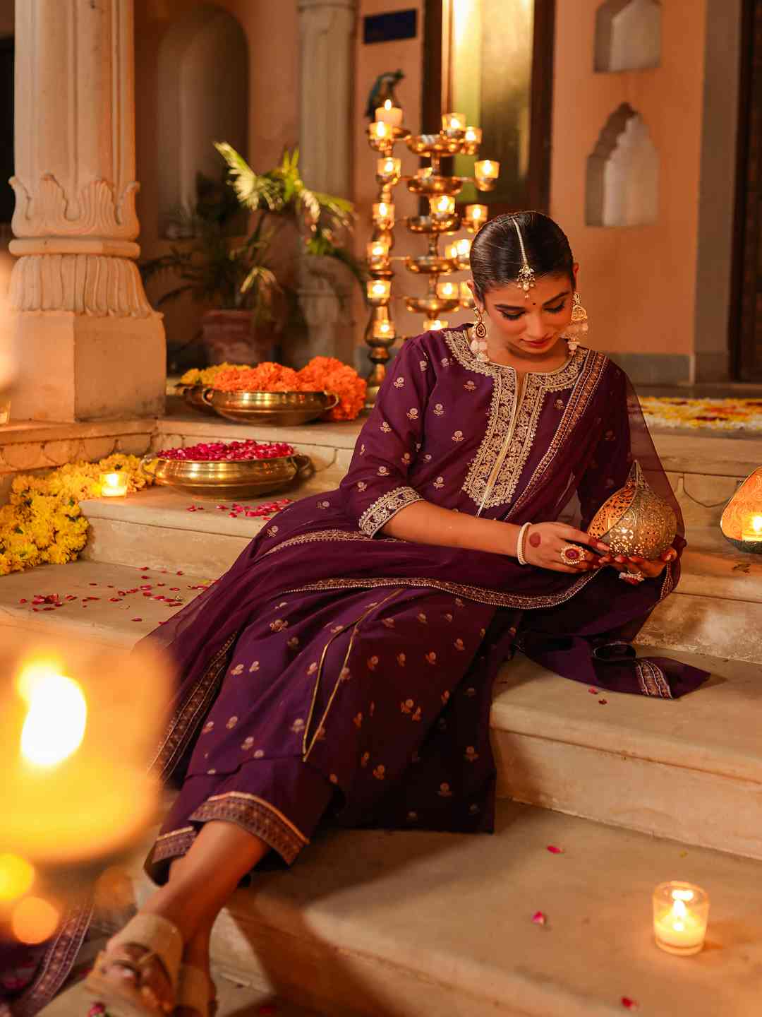 Purple Chanderi Printed With Embroidery Kurta, Pants & Dupatta Sets