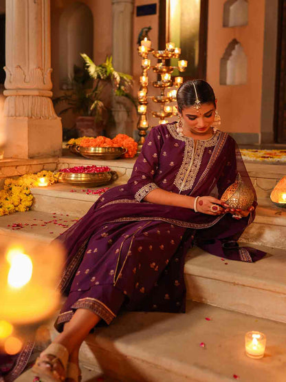 Purple Chanderi Printed With Embroidery Kurta, Pants & Dupatta Sets