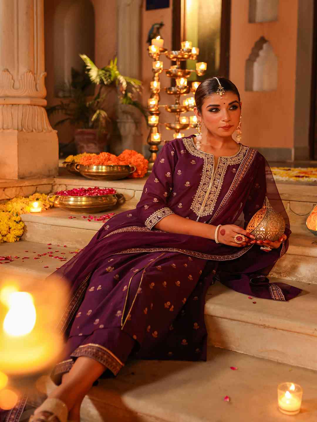 Purple Chanderi Printed With Embroidery Kurta, Pants & Dupatta Sets