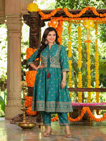Teal Chanderi Printed Kurta& Pants Set
