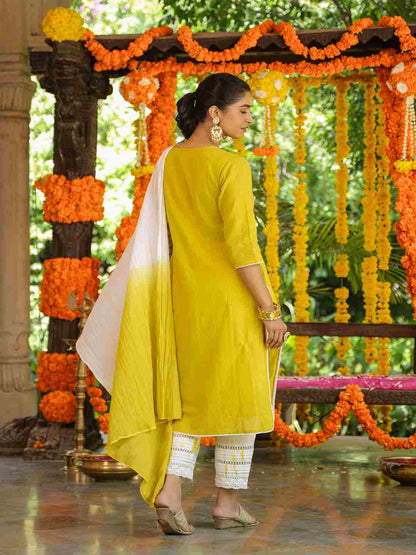 Lime Cotton Dobby Embroidered Kurta, Pants & Dupatta Set