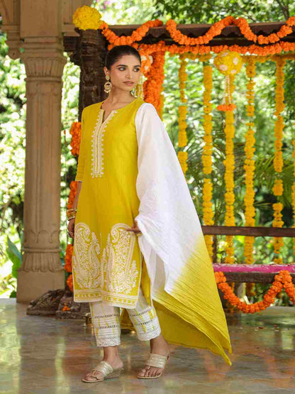 Lime Cotton Dobby Embroidered Kurta, Pants & Dupatta Set