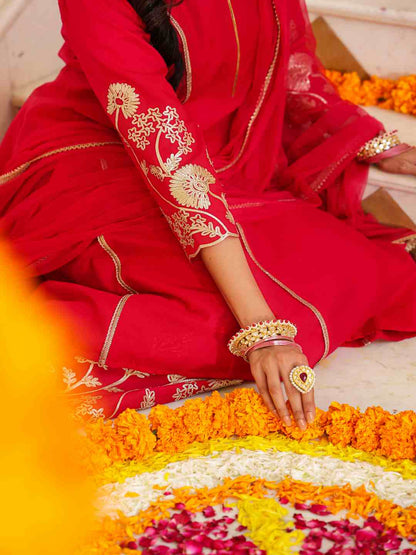 Fuchsia Chanderi Gota Patti Kurta, Palazzo & Dupatta Set