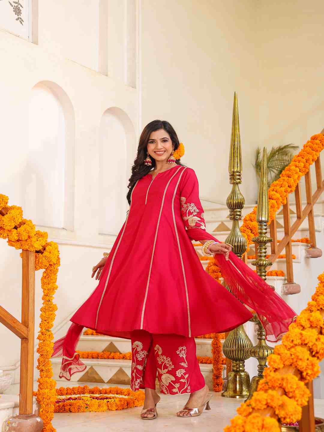 Fuchsia Chanderi Gota Patti Kurta, Palazzo & Dupatta Set