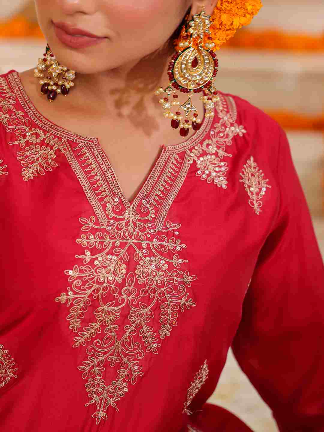 Red Chanderi Embroidered Kurta, Pants & Dupatta Set