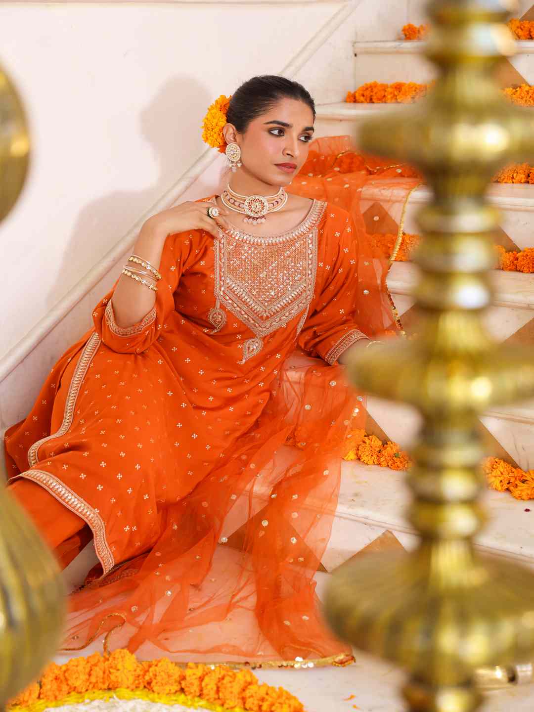 Orange Chanderi Embroidered Kurta, Palazzo & Dupatta Set
