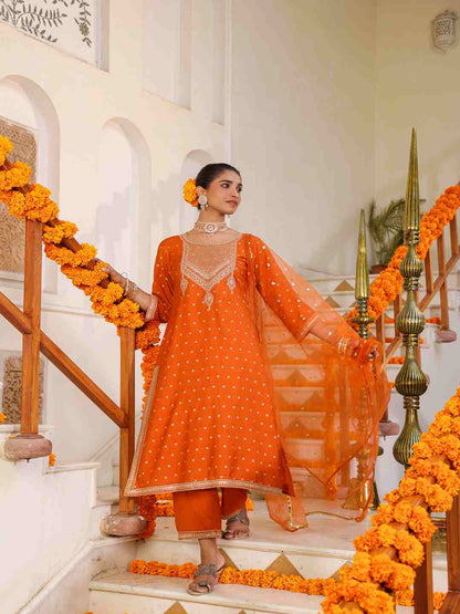 Orange Chanderi Embroidered Kurta, Palazzo & Dupatta Set