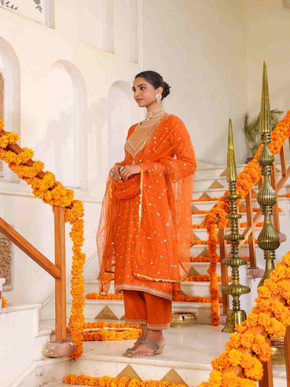 Orange Chanderi Embroidered Kurta, Palazzo & Dupatta Set