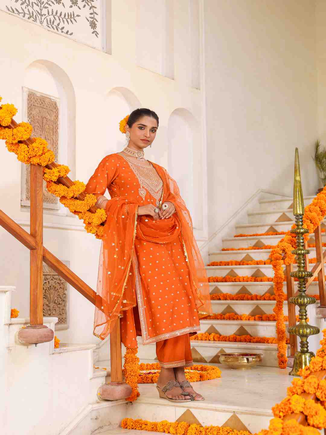 Orange Chanderi Embroidered Kurta, Palazzo & Dupatta Set