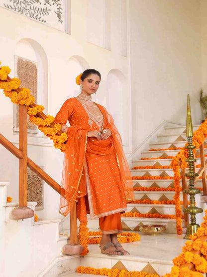 Orange Chanderi Embroidered Kurta, Palazzo & Dupatta Set