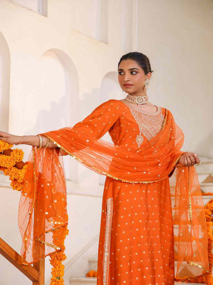 Orange Chanderi Embroidered Kurta, Palazzo & Dupatta Set