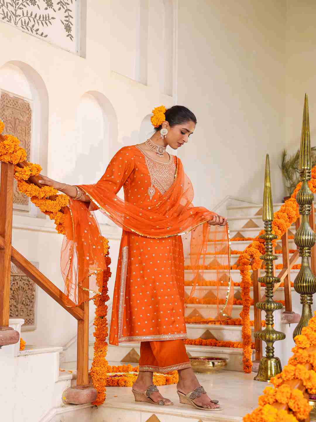 Orange Chanderi Embroidered Kurta, Palazzo & Dupatta Set