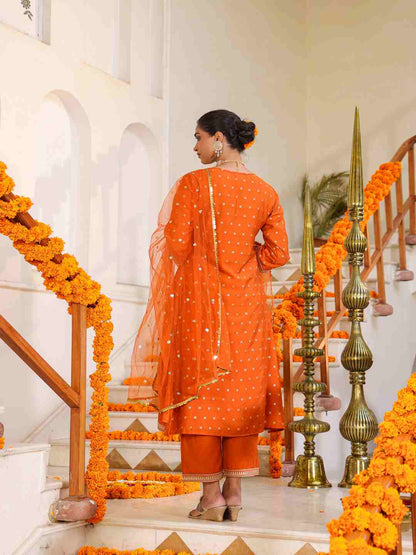 Orange Chanderi Embroidered Kurta, Palazzo & Dupatta Set
