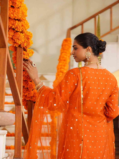 Orange Chanderi Embroidered Kurta, Palazzo & Dupatta Set