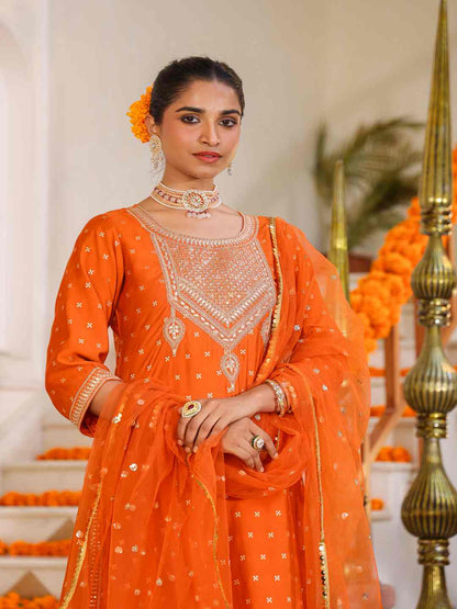 Orange Chanderi Embroidered Kurta, Palazzo & Dupatta Set
