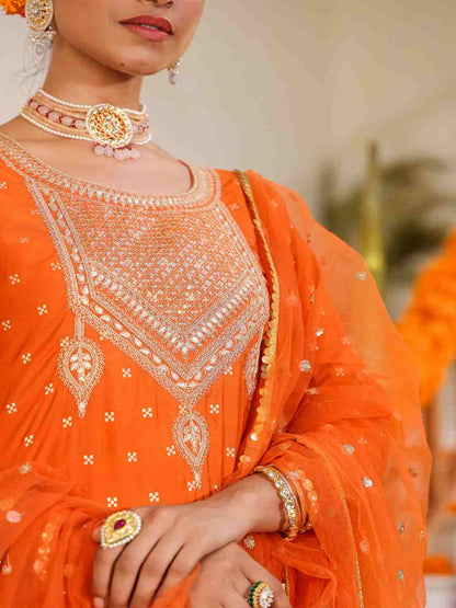 Orange Chanderi Embroidered Kurta, Palazzo & Dupatta Set